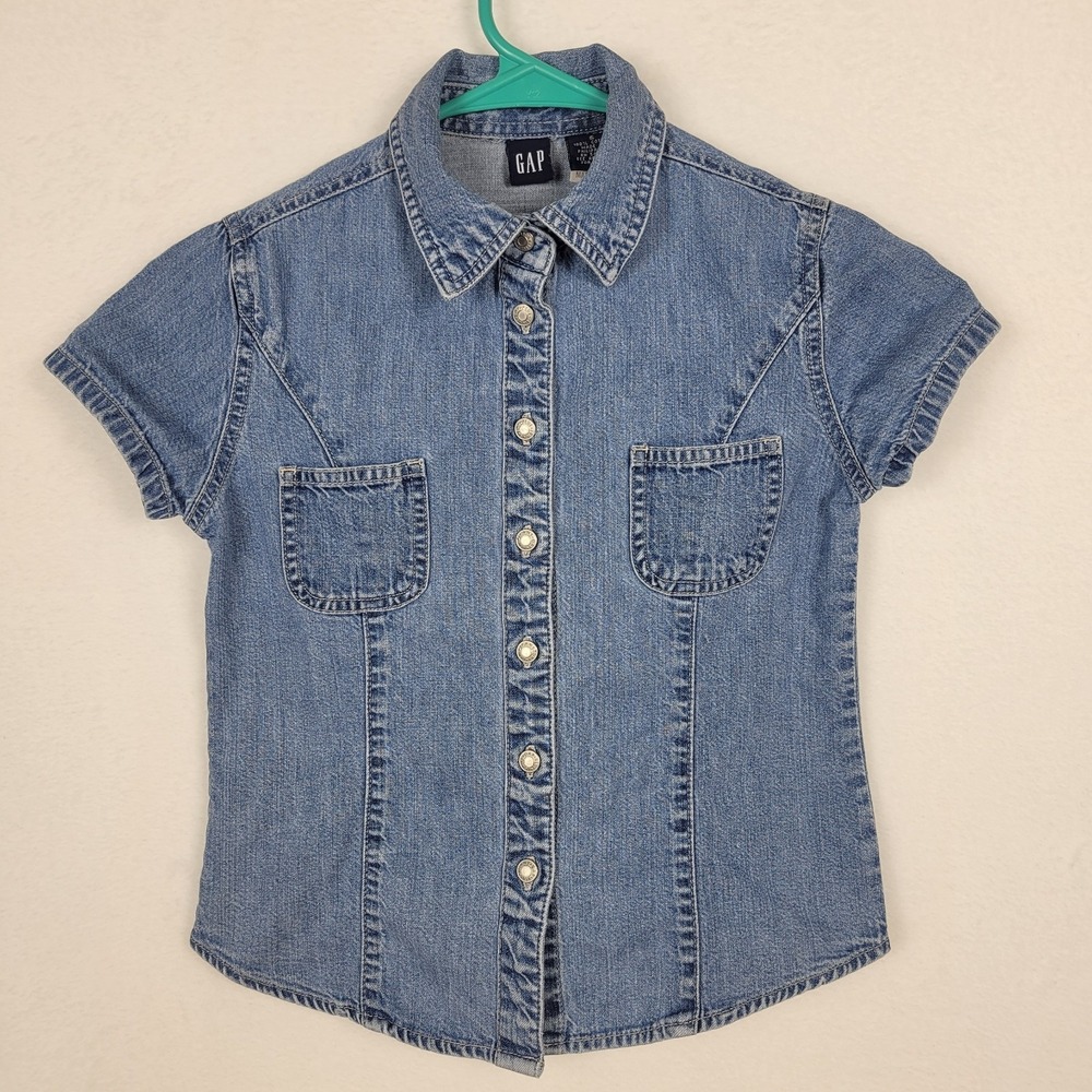 Vtg 90s GAP BLUE JEANS Denim Shirt Small Short Sleeve Top XS Coastal Cowgirl